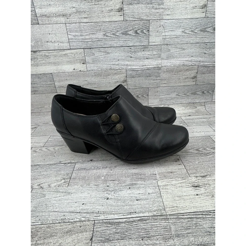 Clarks Collection Black Leather Ankle Booties Side Zip Block Heel Women Sz 8.5W‎